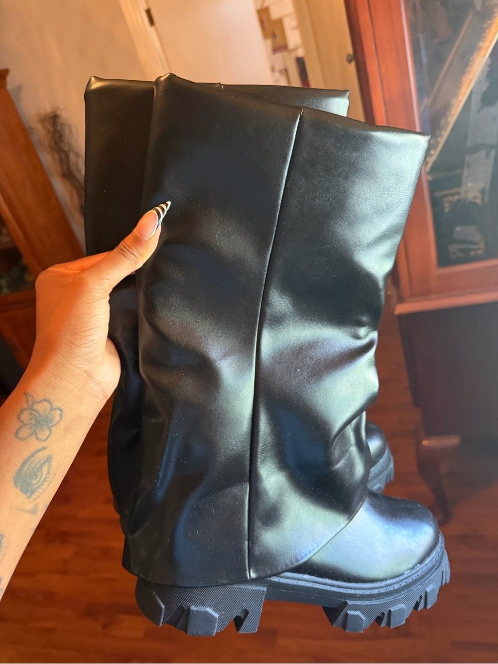 Fashion Nova Black Chunky Lug Sole Knee Boots